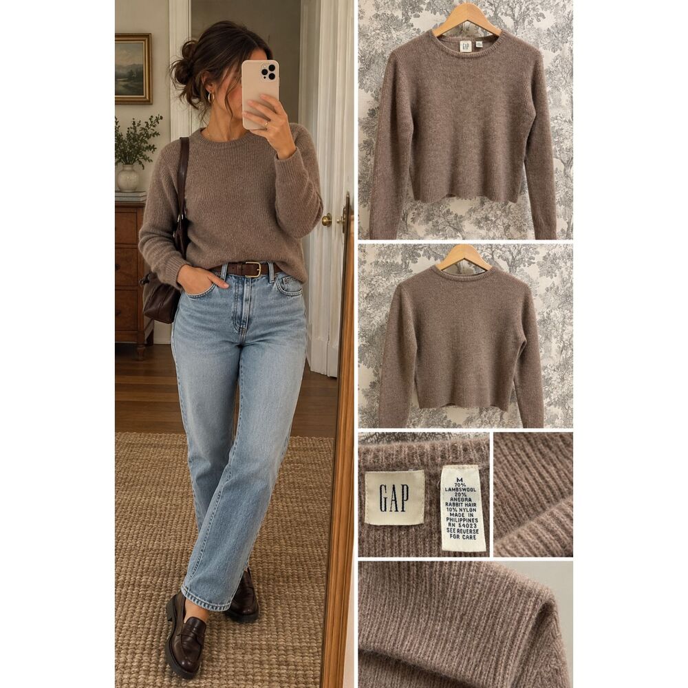 Vintage 90s GAP Lambswool Angora Sweater Brown Taupe M Old Gap